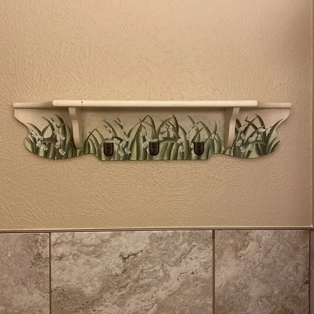 Country chic hand painted floral crackle paint flat shelf with 3‎ hooks